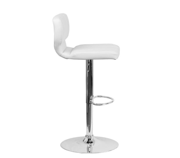 Contemporary White Vinyl Adjustable Height Barstool with Vertical Stitch Back and Chrome Base