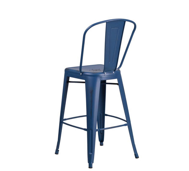 Antique Blue Metal Indoor-Outdoor Barstool with Back