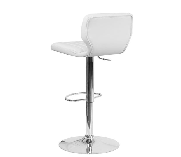 Contemporary White Vinyl Adjustable Height Barstool with Vertical Stitch Back and Chrome Base