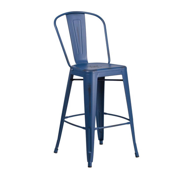 Antique Blue Metal Indoor-Outdoor Barstool with Back