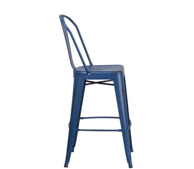 Antique Blue Metal Indoor-Outdoor Barstool with Back