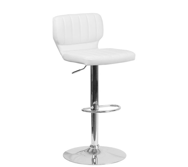 Contemporary White Vinyl Adjustable Height Barstool with Vertical Stitch Back and Chrome Base