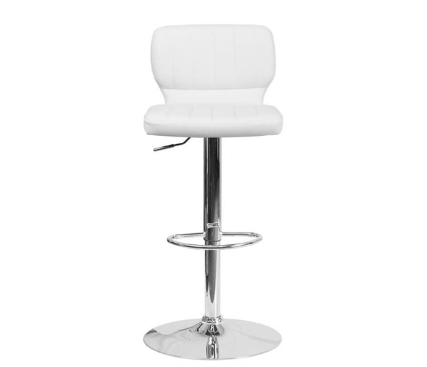 Contemporary White Vinyl Adjustable Height Barstool with Vertical Stitch Back and Chrome Base