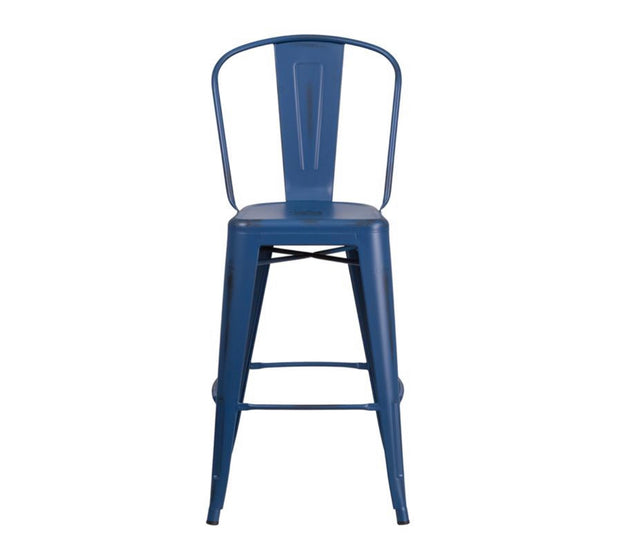 Antique Blue Metal Indoor-Outdoor Barstool with Back